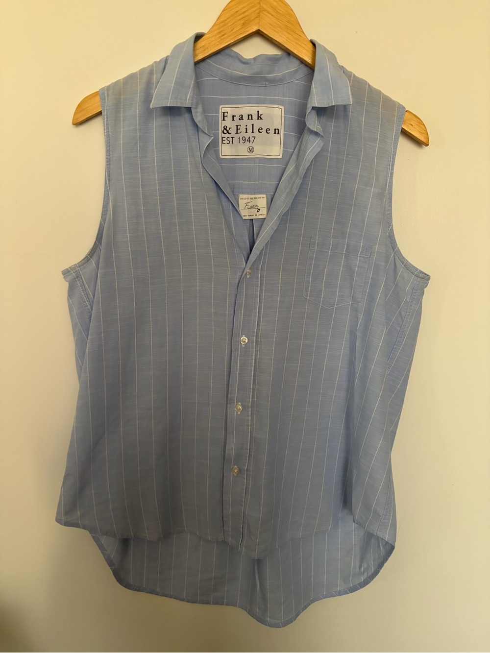 Frank & Eileen Fiona Stripe Chambray Blue Sleeveless Shirt Cotton -Medium
